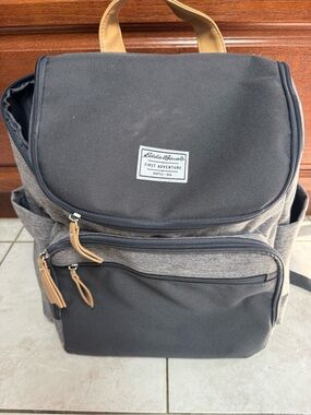 Eddie Bauer Diaper Bag Backpack Gray Canvas Backpack with Tan Accents